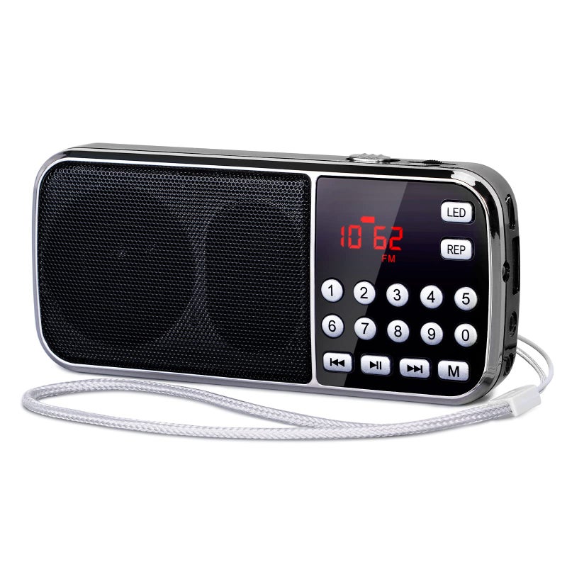 PRUNUS J-189 Bluetooth AM FM Radio, Small Portable Radios - Dual Speaker Heavy Bass, LED Flashlight, Pocket Size, TF Card USB AUX MP3 Player, Rechargeable Battery Operated Small Radio(Black) - Image 1